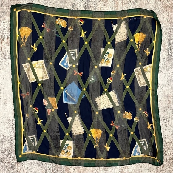 Vintage Paloma Picasso Silk Scarf Italy Green Yellow Navy Blue 33x33” square - Picture 7 of 7